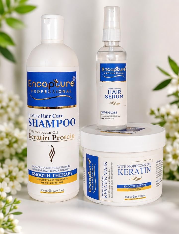 Encapture Professional Luxury Daily Hair Shampoo + Keratin Hair Mask + Gloss & Strong Serum kit for Smooth Straight Hair | Control Frizzy || Free from Sulphate & Paraben ( 500 ml + 500ml + 100ml )-picture-46