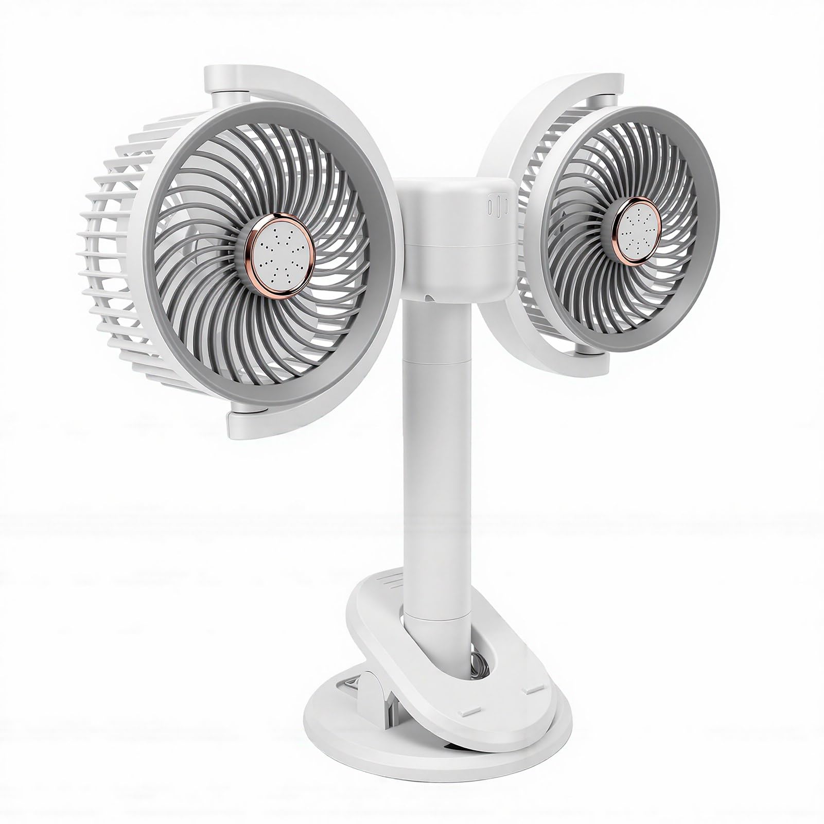 YWBL-WH Ventilatore da Tavolo Doppia Testa, Rotazione a 360° e Altezza | 2400mAh Ricaricabile, Motore Brushless Sotto 30dB, Fissaggio a Morsetto o Piedistallo, Luce Notturna Integrata