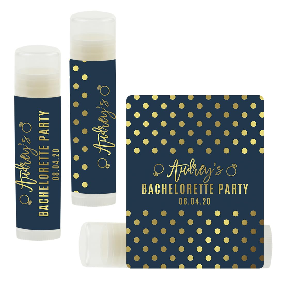 Andaz Press Navy Blue and Metallic Gold Confetti Polka Dots Bachelorette Party Bridal Shower Collection, Personalized Lip Balm Favors, Audrey's Bachelorette Party 12-Pack