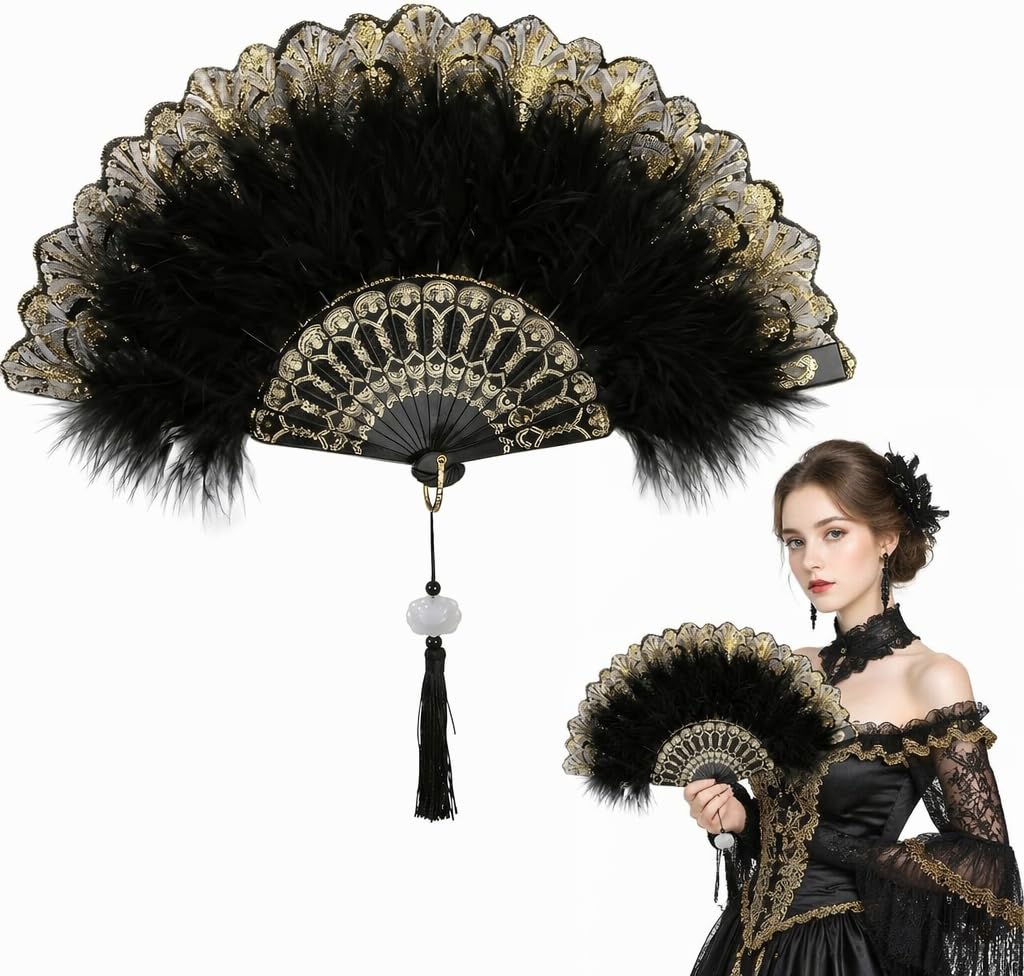 Cosiesnest Women's Fans Feather 1920s Vintage Style Folding Handheld Fan, Bride Fan Black Lace Feather Fan for Wall Decor, Party Costume Decoration