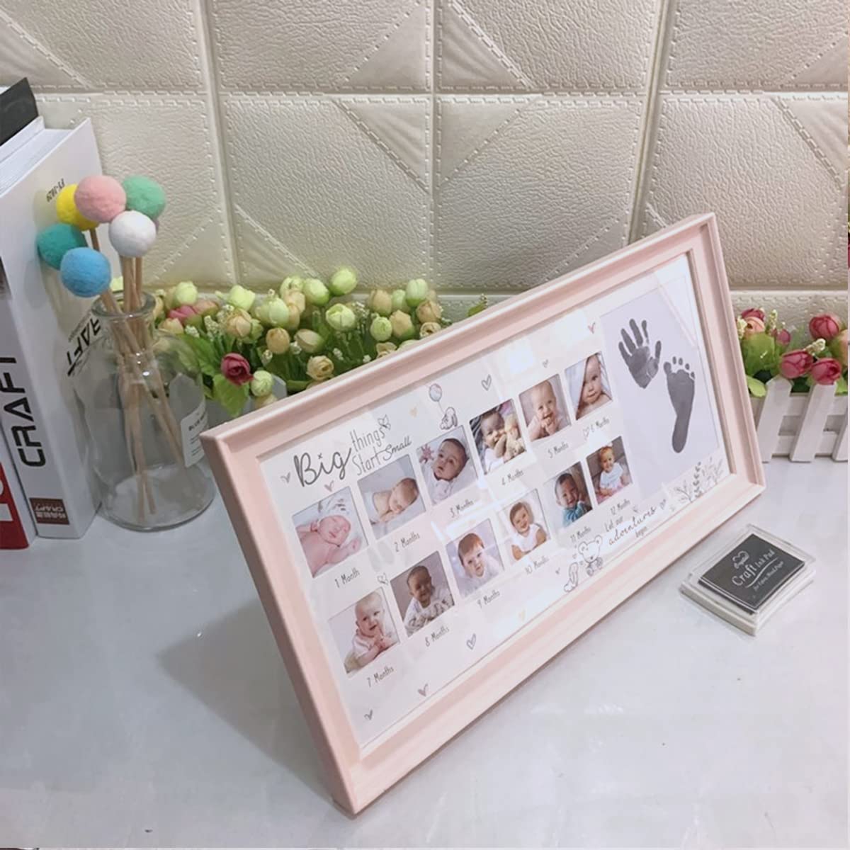 LEcylankEr Empreinte Bébé Cadres Photo,croissance Record Cadeau Bebe,Kit Empreinte Bébé​avec Tampon Encreur (Rose)