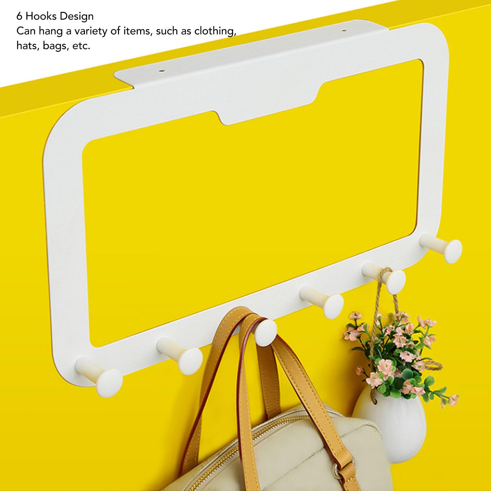 Over The Door Hook Holder, Modern Door Hanger with 6 Hooks and Traceless Adhesive for Clothes Hats Bags, 40x22cm, White, Efficient Organization, Heavy Duty, No Wall Damage