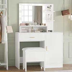 Garvee Vanity Desk with Mirror and Light Bulbs, Makeup Table with Open Shelves and Drawers, Dressing Table Set with Upholstered Stool and Cabinet for Women, Bedroom, Dressing Room, White
