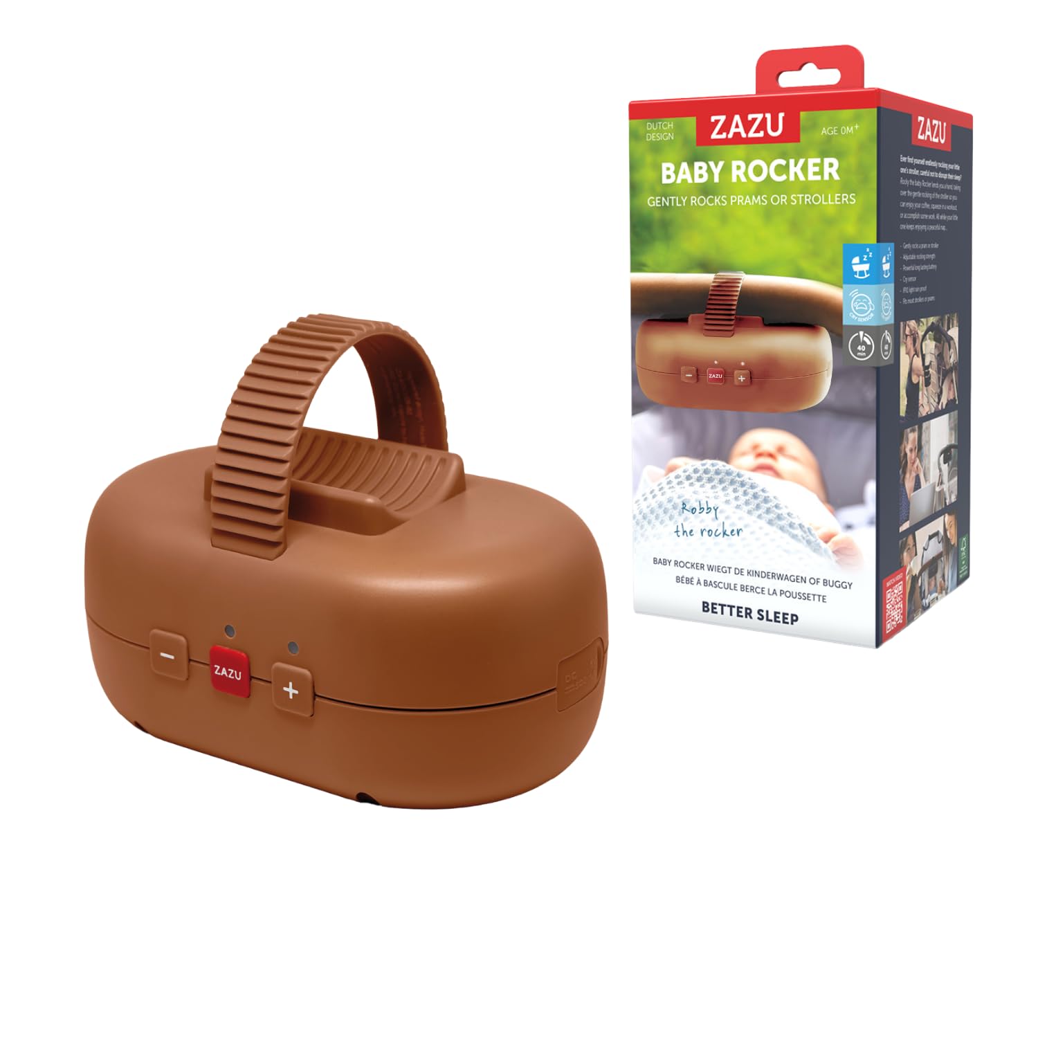 ZAZU Robby Kinderwagenschaukler - Automat. Babywippe, Verstellbare Stärke, 40-Min Timer, Babyschreisensor, USB-wiederaufladbar, Wasserfest, Universell für Kinderwagen & Buggy (Braun)