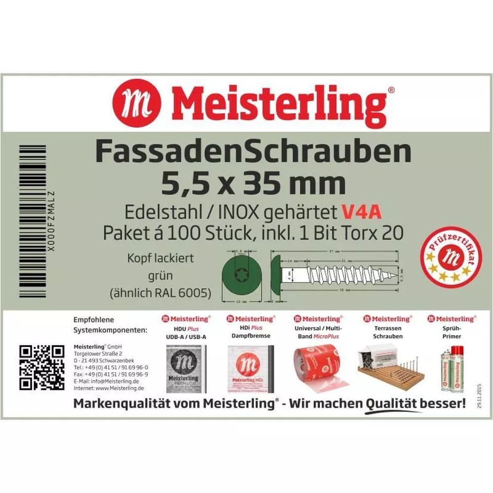 Vis pour façades Meisterling® 5,5 x 35 mm en acier inoxydable V4a, avec tête plate émaillée colorée et empreinte Torx T-20, (lot de 100 incl.1 Bit) V4a, vert
