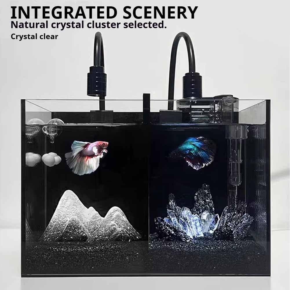 Acquario Betta, Set Acquario in Vetro Trasparente per Principianti, Set Acquario con Spazio Indipendente, Elegante Piccolo Acquario per Scrivania da Ufficio,Filtro E Scena Artificiale,S
