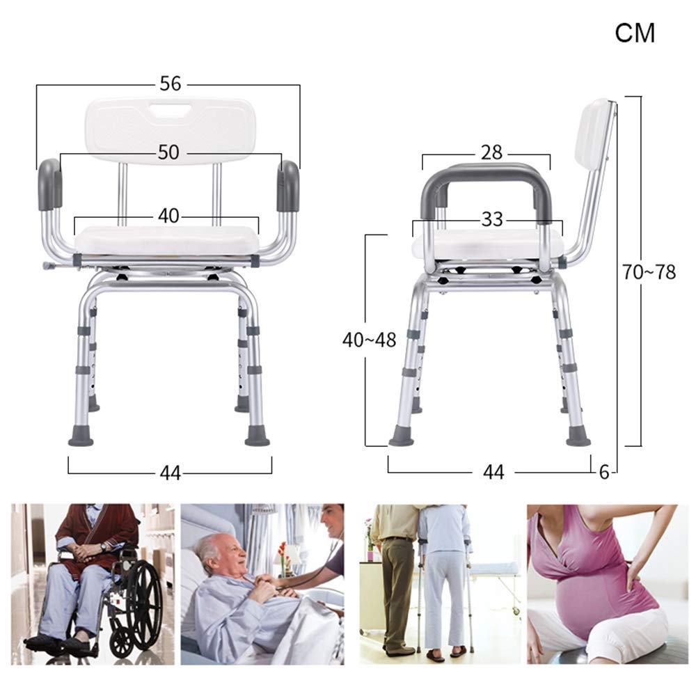 Silla de Ducha para Ancianos Altura Ajustable con Reposabrazos y Respaldo Asiento de Ducha Recorte en Forma de U para Adultos y Discapacitados Ayuda para Taburete de Ducha, Girator