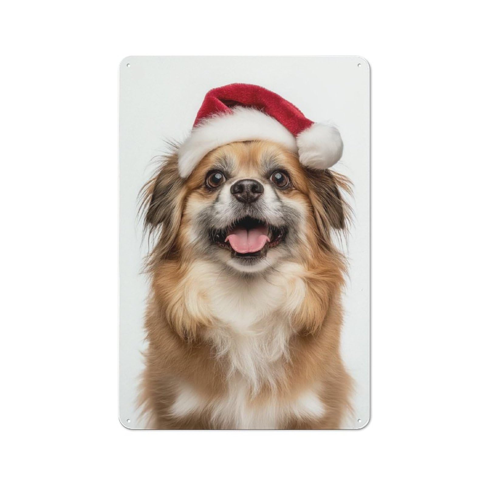 Junmoney Tibetan Spaniel Dog With Santa Hat Tin Wall Plaque 30X20cm With For Living Room Or Hallway, For Garage, Workshop And Man Cave Decoration