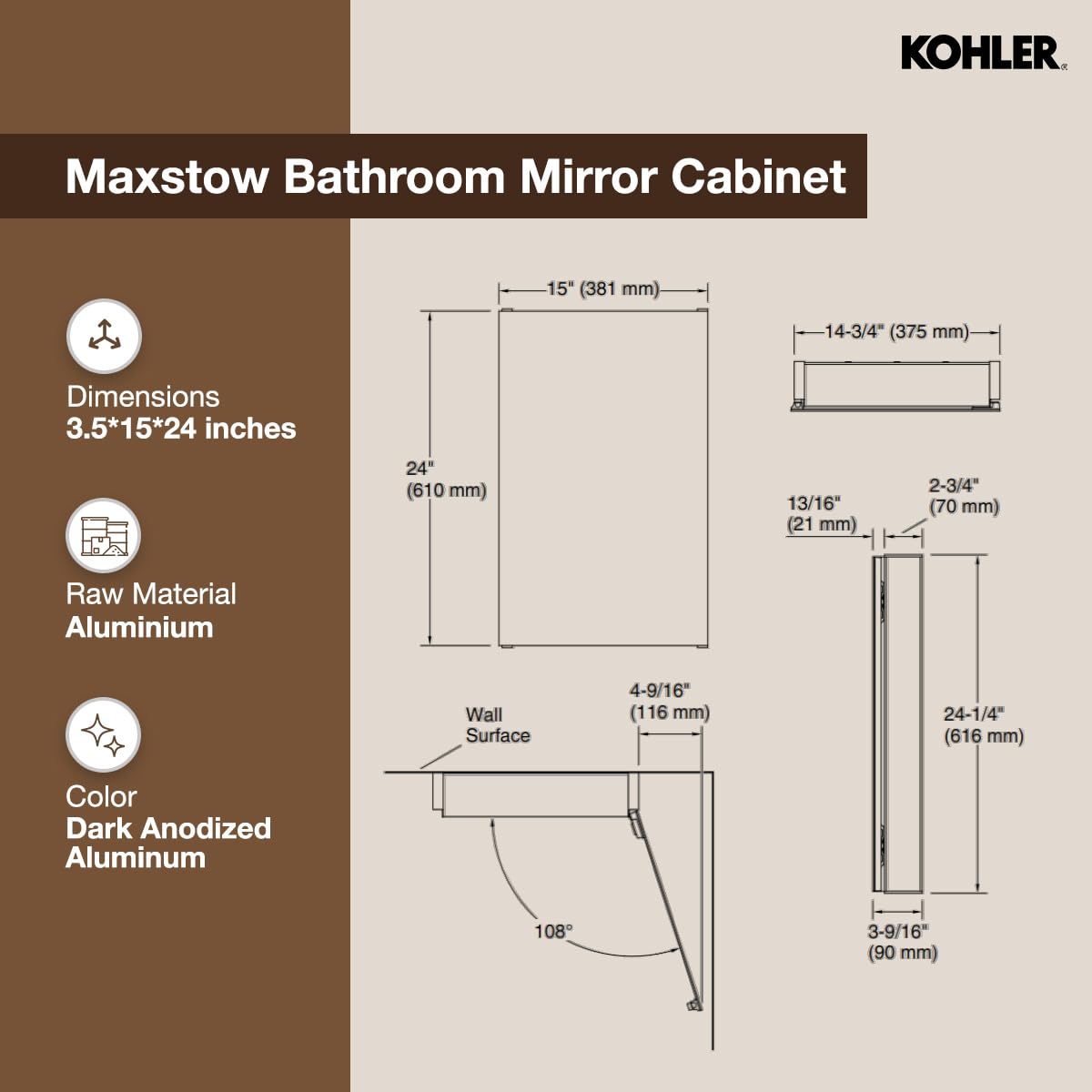 Kohler Maxstow Bathroom Mirror Cabinet, Silver Coated Glass - Storage for Medicine, Makeup, Toiletries - Slim Design, Deep Shelves, Slow Close, Rust-Proof, 38.1cm x 60.96cm x 9.04cm (1 Year Warranty) 1