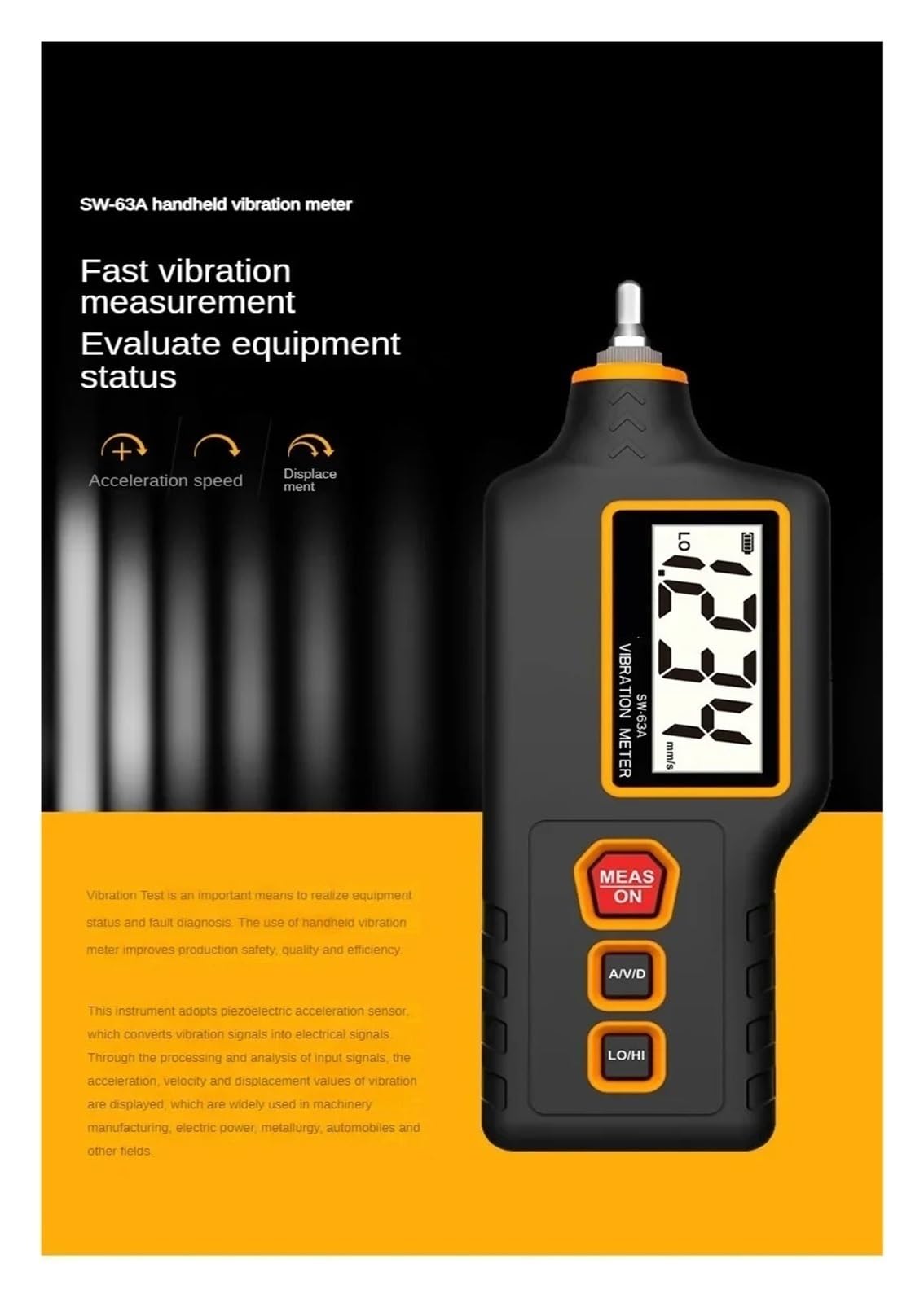 Medidor de Vibraciones, Medidor de vibración Digital SW63A Equipo de Motor Instrumento de inspección de Metales for detección de vibración