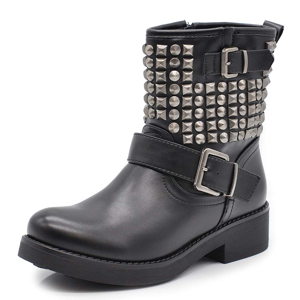IF 8081A Bottines pour femme Cheville Anfibi Motocycliste Biker Boucle - Noir - 8081 Noir
