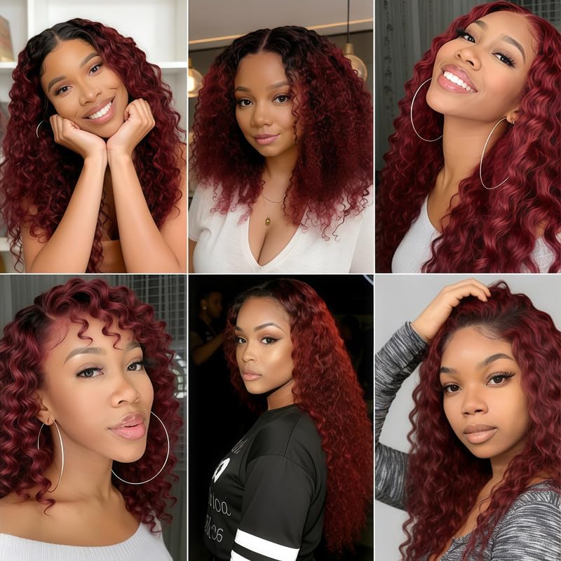 T1B/99J Ombre Burgundy Bundles Human Hair Curly 12 14 16 Inch Curly Human Hair Bundles Brazilian Virgin Remy Quick Weave for Black Women T1B/99J Color