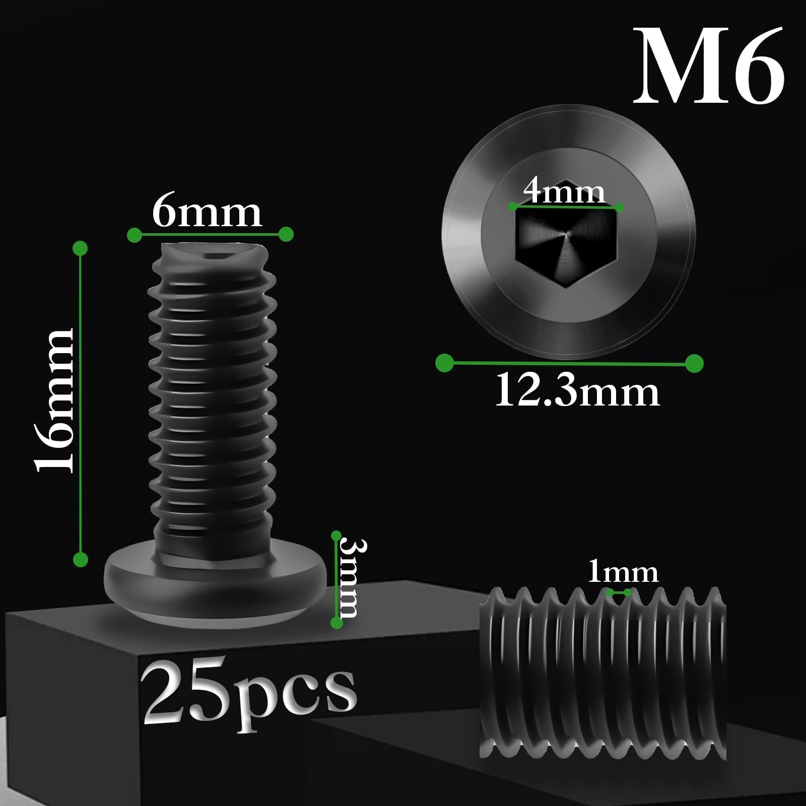 Pyroclasia M6 Bolts 25 Pcs M6 X 16 mm Flat Head Allen Bolts 304 Stainless Steel Black Furniture Screw Long Bolt Fully Thread with Hex Key for Furniture Assembly Machinery Industry - Image 2