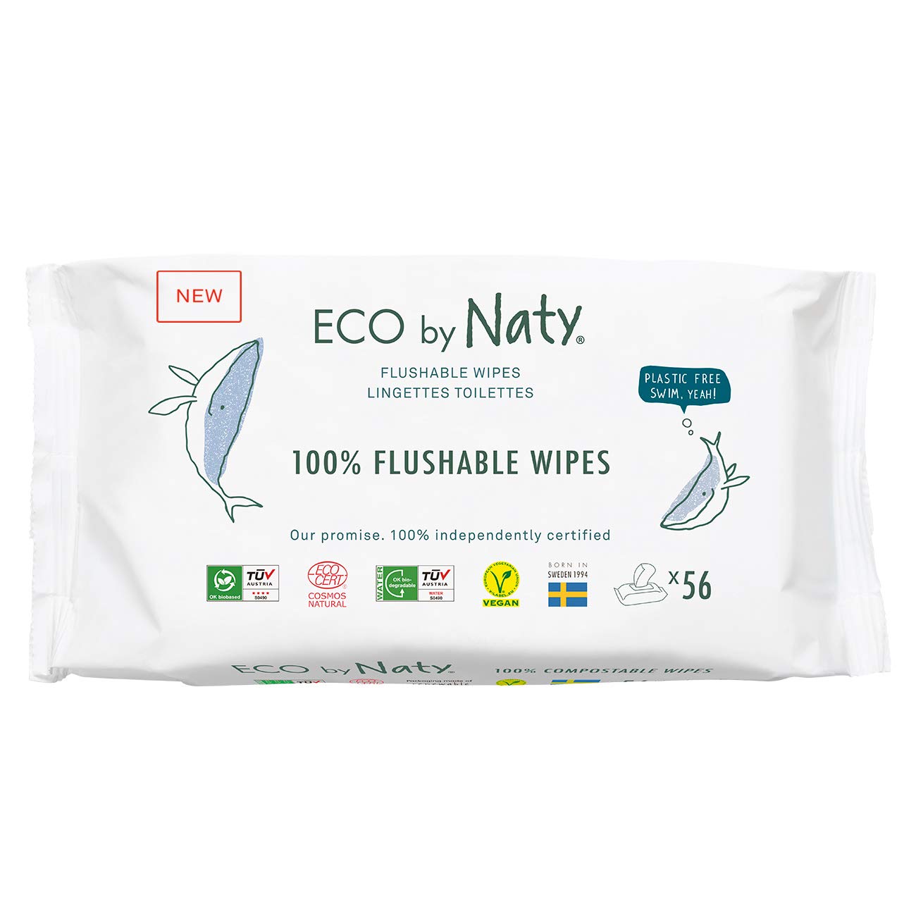 Naty Flushable Baby Wipes - 100% Plant-Based, Plastic-Free, Fragrance-Free, Unscented, Hypoallergenic for sensitive skin, Dermatologically Tested (Regular - 672 Count - 12 Packs of 56)