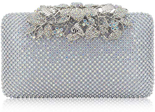 Womens Evening Bag with Flower Closure Rhinestone Crystal Clutch Purse for Wedding Party AB Silver