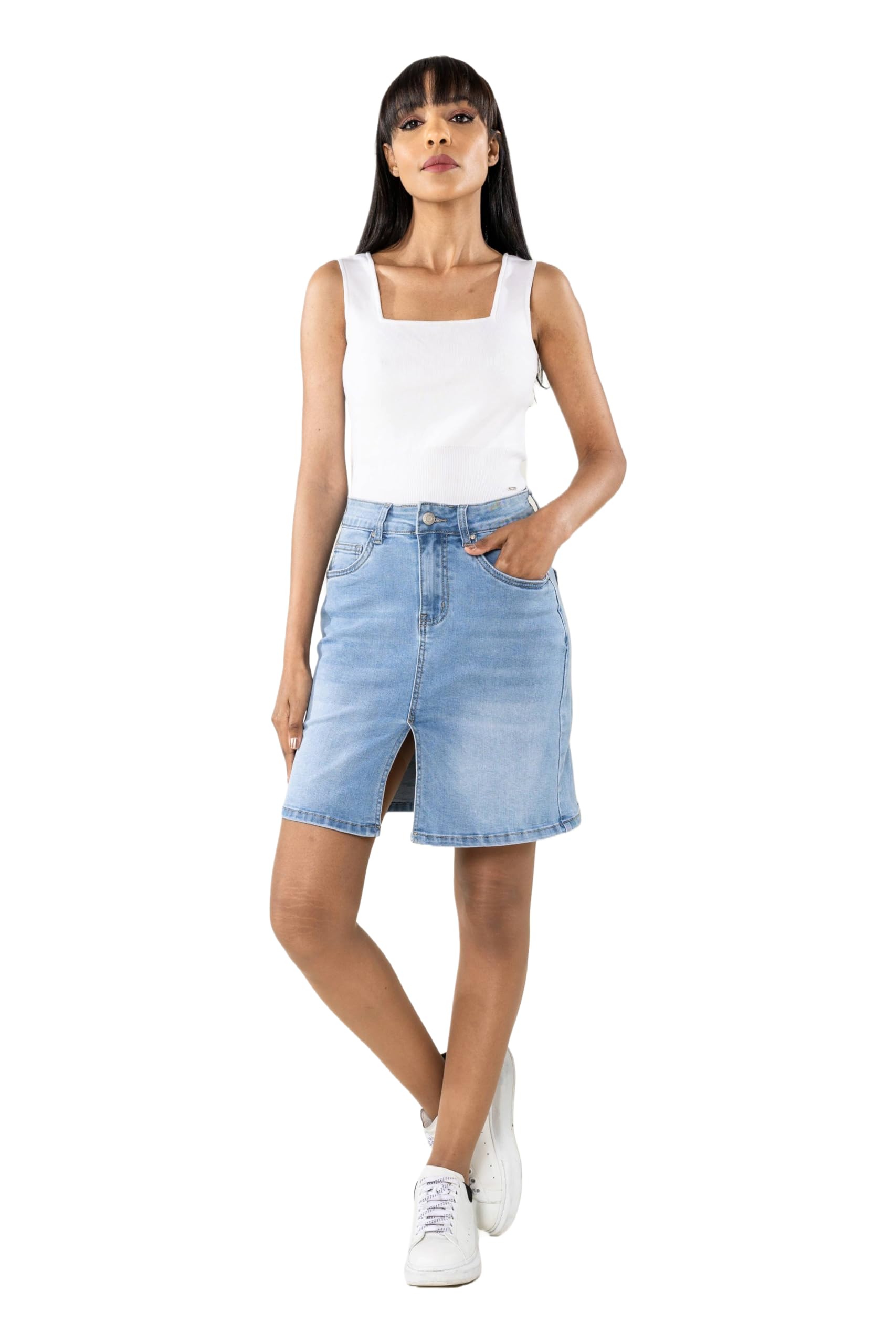 Nina Carter P213 Jupe courte en jean pour femme avec fente avant et fermeture éclair Aspect usé