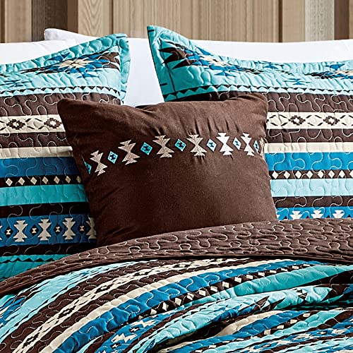 Linen Mart Southwestern Turquoise Tan Aztec Coverlet - 5 Piece Set (King, Turquoise) #TOP5