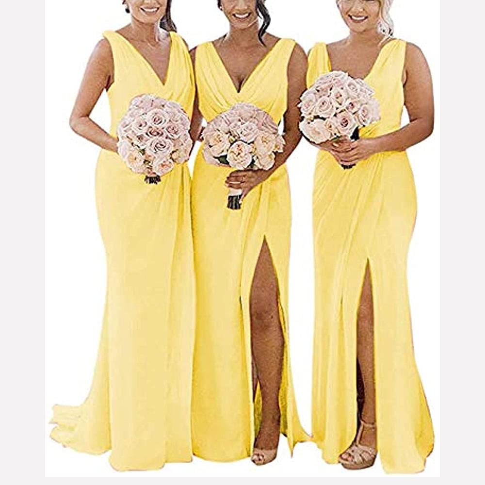 yhfshop Long Bridesmaid Evening Dress,Double shoulder V-neck chiffon slit evening gown-yellow_44,Prom Bridesmaid Long Dress