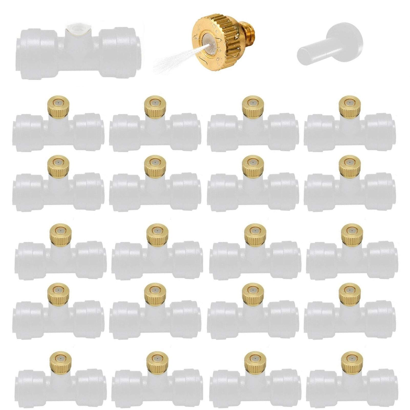 Dysza zraszająca z regulacją, rozpylająca, mosiężna, 50 sztuk, dysze zraszające z mosiądzu, trójniki 1/4'' Slip-Lock, 0,1-0,8 mm, chłodzenie tarasu na zewnątrz (0,6 mm)