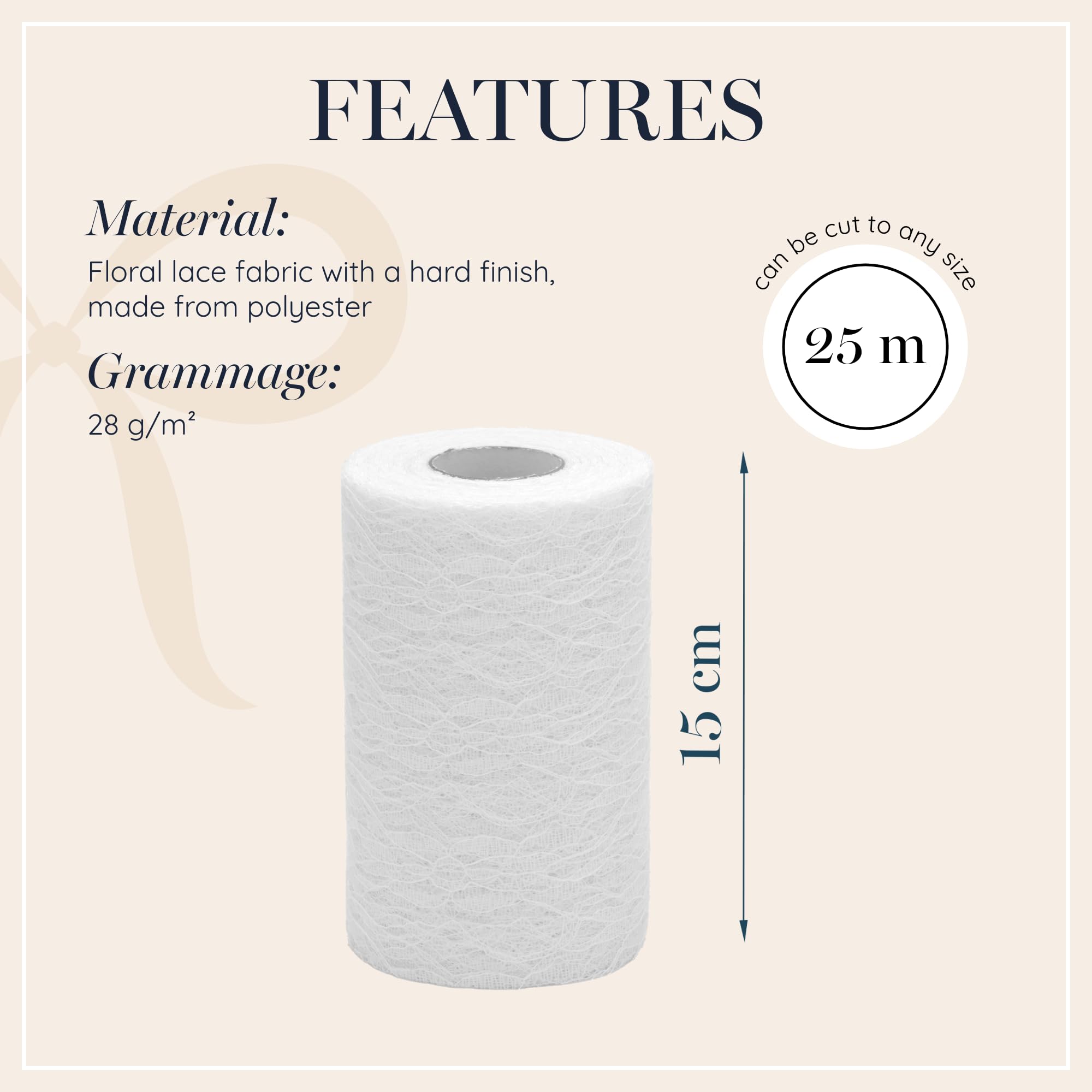100%Mosel Bieżnik z koronki, w kolorze śnieżnobiałym (15 cm x 25 m) | Elegancka dekoracja stołu na ślub i chrzest, świąteczna dekoracja na wyjątkowe okazje