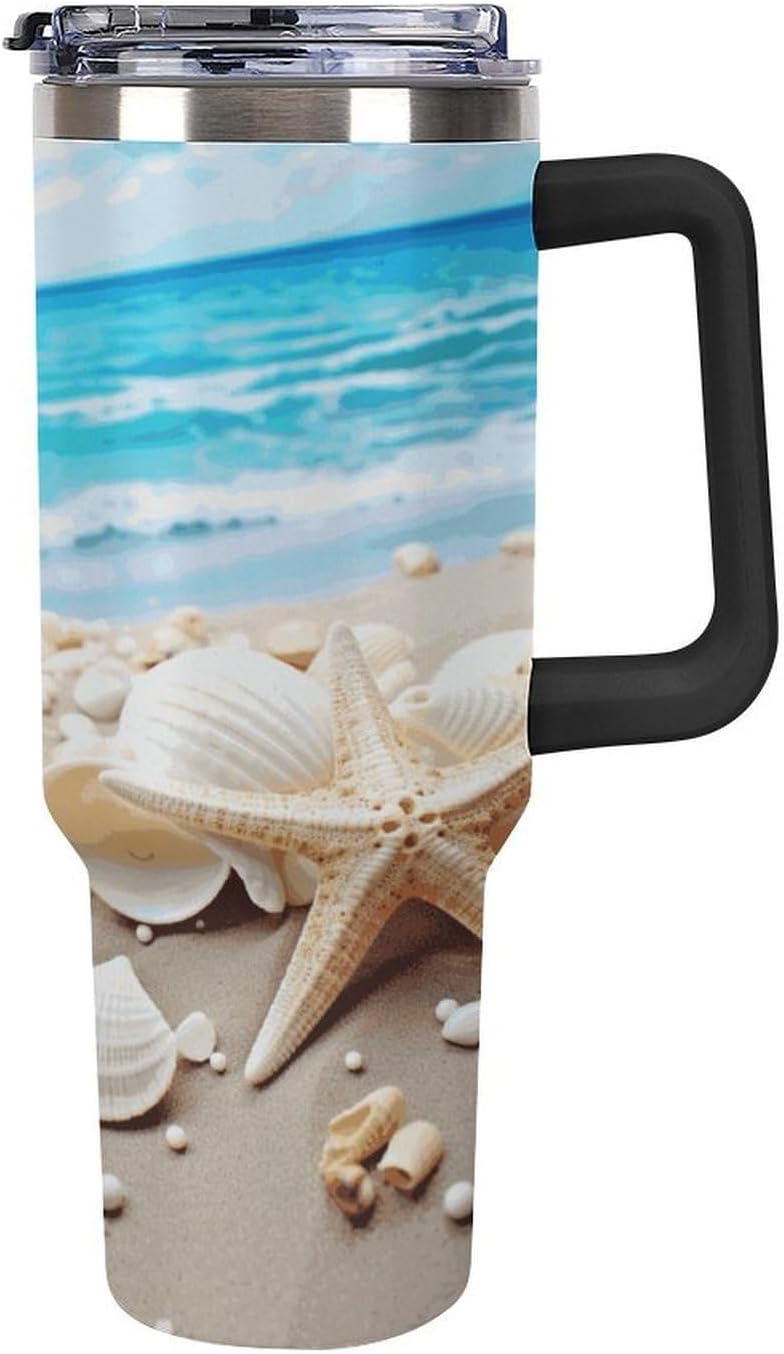 40 Oz Insulated Mug with Handle, Stainless Steel Ocean Sea Beach Seashells Starfish Blue Printed Travel Mug Portable Leak-proof Large Car Mug for Home, Office Or Car