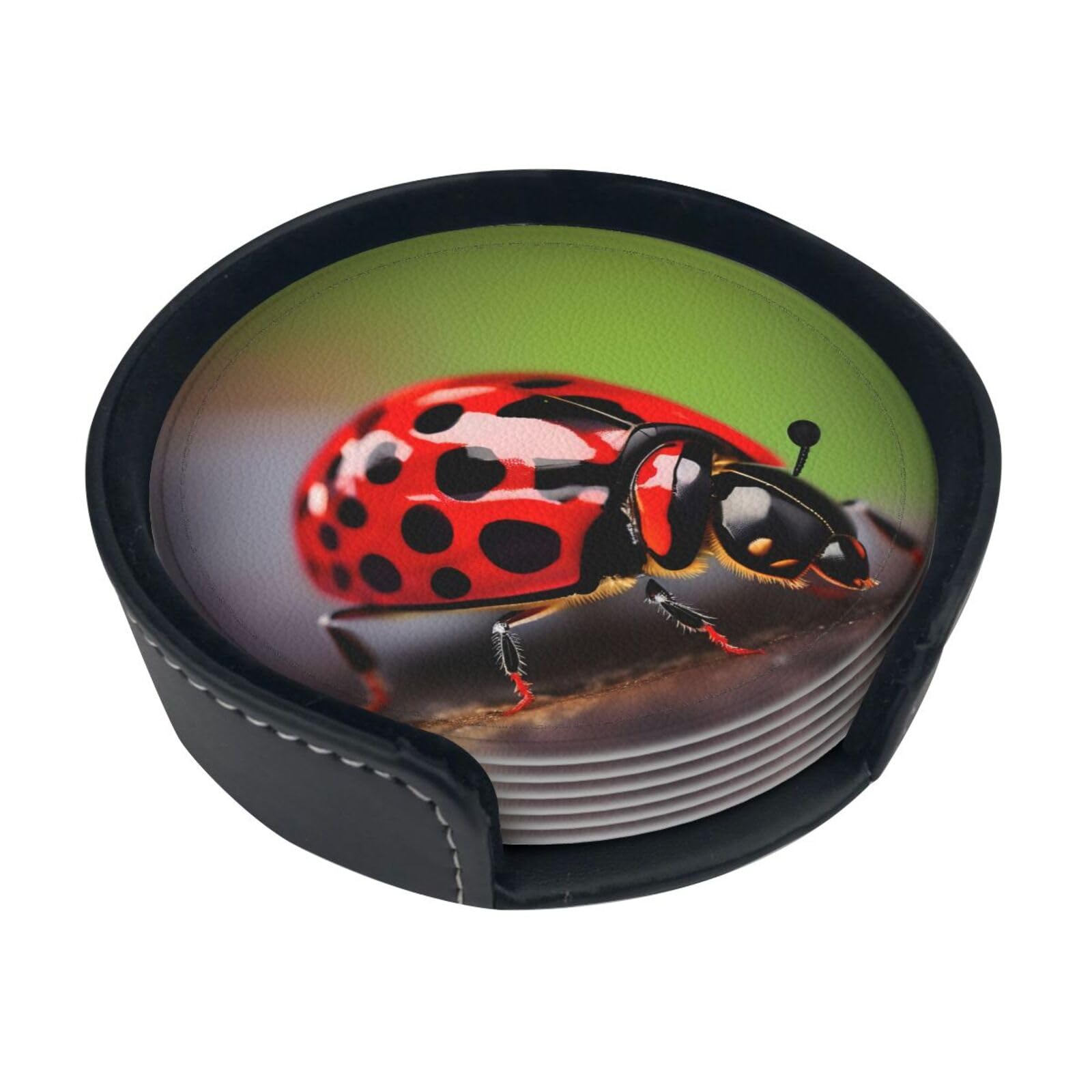 Red Ladybug Pattern Print Round Coasters Set Of 6,Coaster For Tabletop Protection Home Bar Decor