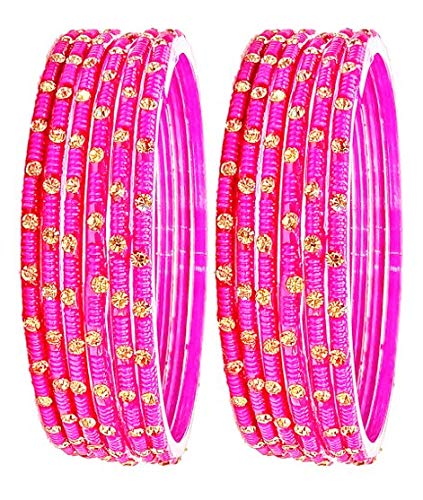 T4 Jewels (2.10 & 2.12 Size) Texture Design Golden Studded Stones Glass Bangles/Chudiyan {Diwali/Navratri Special} for Women and Girls - (Set of 12)