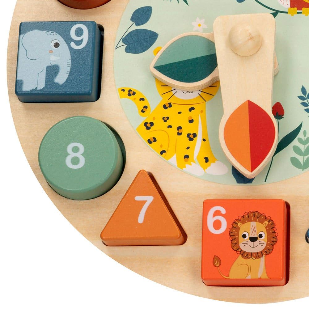 WOOMAX - Orologio in Legno Giocattolo, Zookabee, Diametro 22 cm, Animali Selvatici, Orologi educativi, Incassabili, Design Giungla, Gioco educativo, Giocattoli Bambini 3 Anni, Orologi educativi, FSC