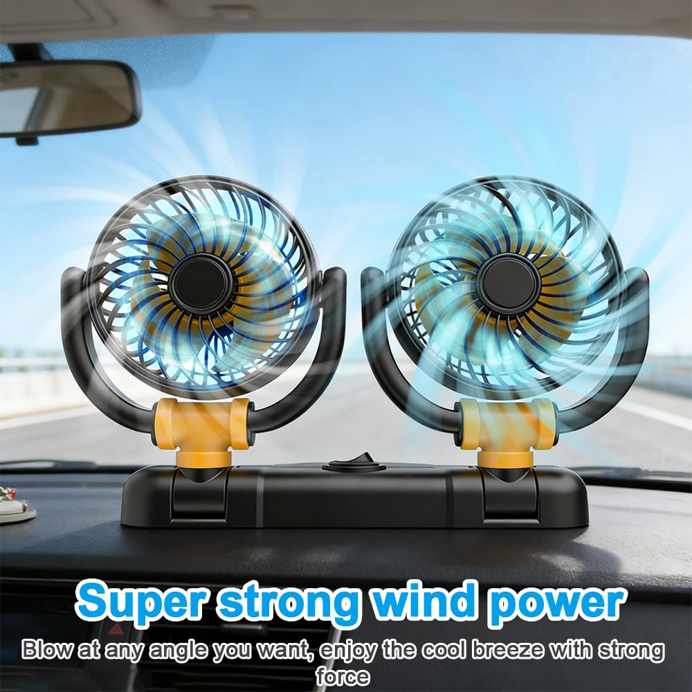 Mineup Ventilatore Auto 12V, Ventilatore Auto Doppia Testa, Ventilator 360° Ruotabile Portatile Con 2 Velocità, Alimentate Tramite Accendisigari, Per Cruscotto Aut Furgone SUV RV Barca