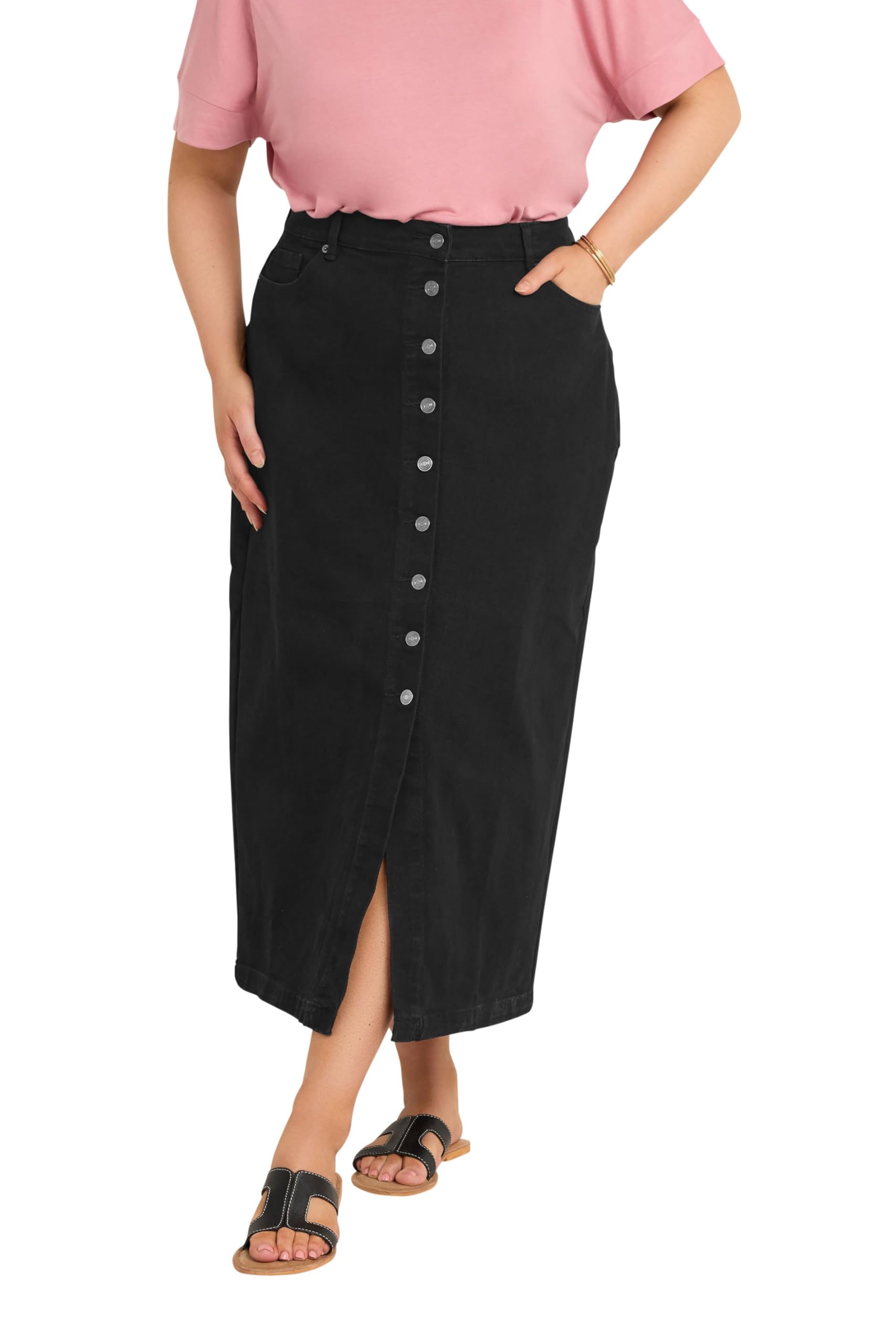 Evans Women's Black Curve Button Through Denim Maxi Skirt - Plus Size Curve