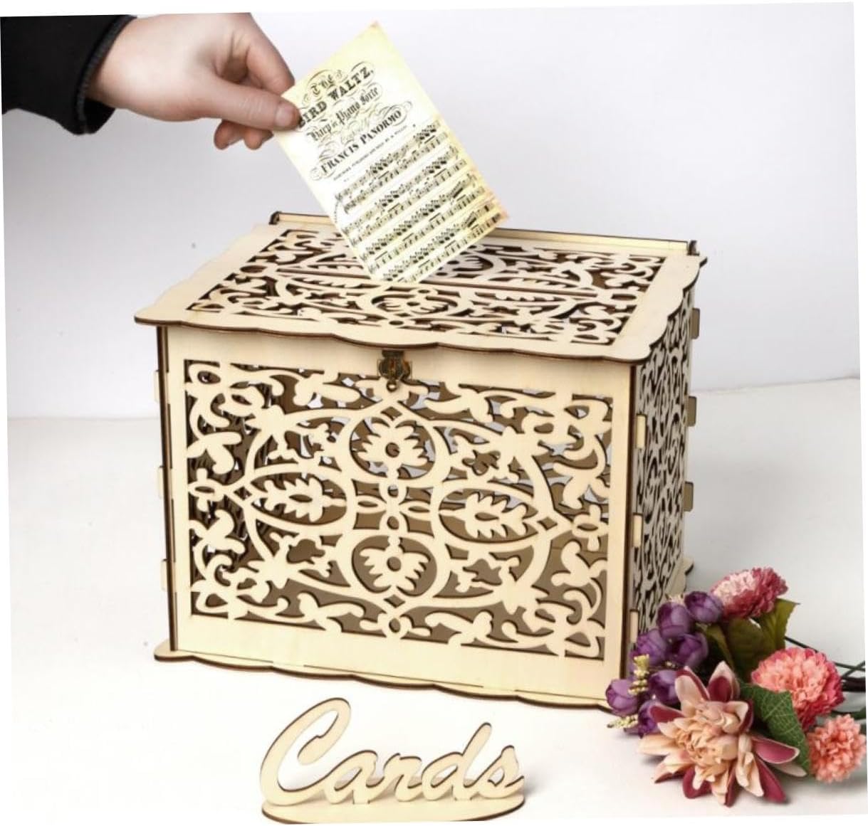 Wooden Wedding Card Box Large Hollow Design Money Envelope Holder Party Cards Case for Reception and Bridal Shower Storage