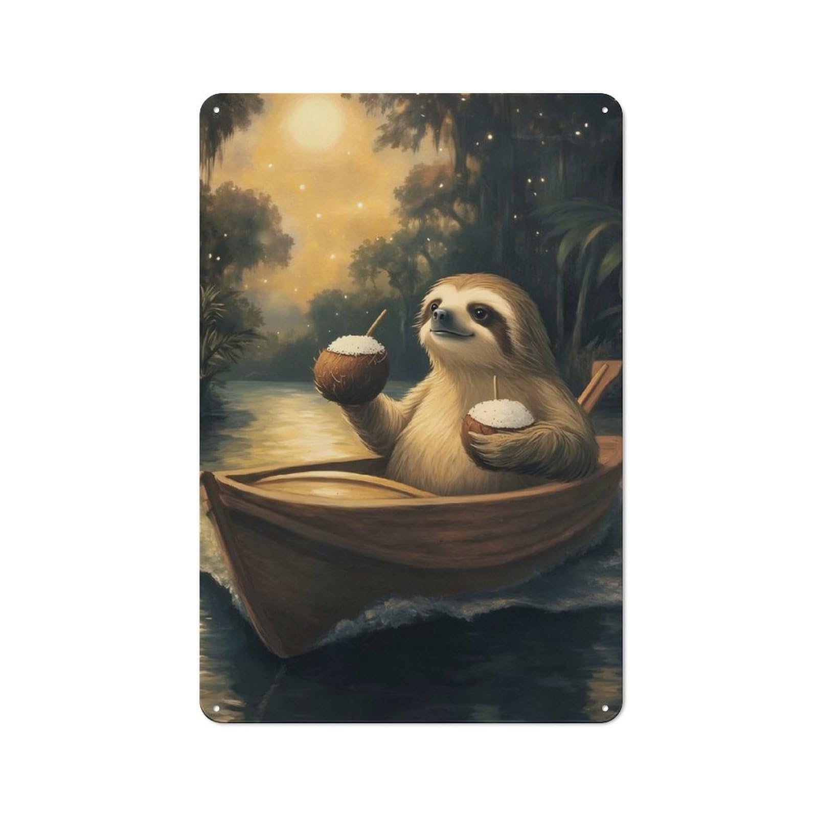 Junmoney Sloth On A Boat With Cocktails Metal Sign 30X20cm With For Hallway Wall, Rustic Decor, For Furnishing A New Hallway With Rustic Decor