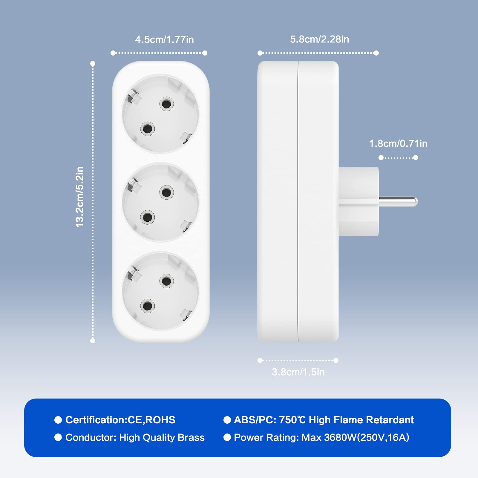 Pfloge® Doppelstecker für Steckdose, 2 in 1 Steckdosenadapter mit Flexible Kable, 250 V, 16 A, 3680 W, PVC-Isolierung, Verlängerungskabel Doppelstecker für Haus, Büro, Küche, Schwarz