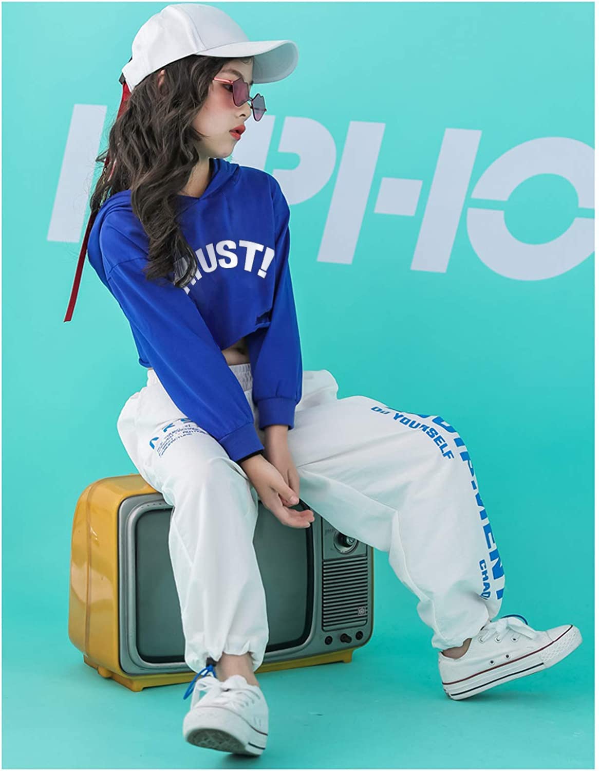 LOLANTA 2 Piezas de Ropa de Baile Callejero para niña Hip Hop, Sudadera Corta + Pantalones de chándal