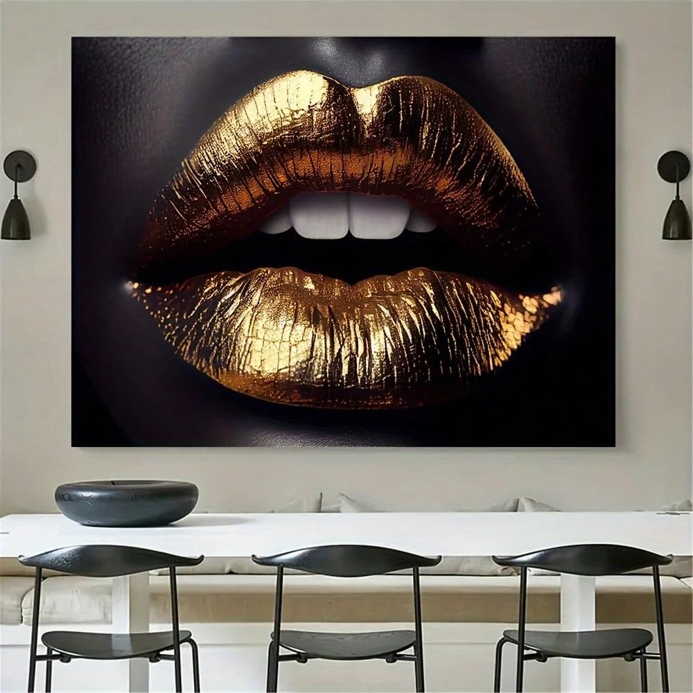 TZKBDMA Large Size Gold Wall Art Portrait Of Lips Canvas Painting Wall Art Printed Poster Living Room Decoration(21x30cm/Without frame)
