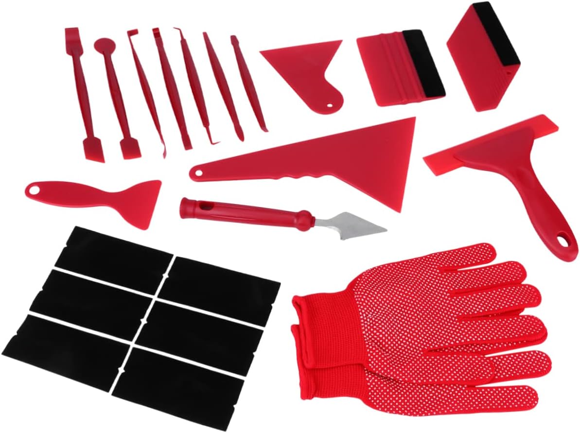GARVALON 21pcs Auto Tinting Film Scraper Tool Squeegee Cutter Set for Window Tint Installation Includes Felt Squeegees Scraper and Gloves Red for Wrapping