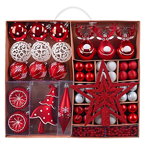 VALERY MADELYN Weihnachtskugeln 90 Stück Christbaumkugeln Rot Weiß Weihnachtsbaumskugeln Weihnachten Deko Weihnachtsdeko Set mit Anhänger Cover