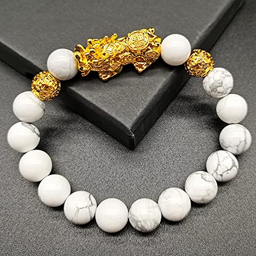 Homelavie Feng Shui Black Obsidian Wealth Bracelets Golden Pixiu Dragon Natural Stone Bracelet for Men Women Boy Girl Attract Wealth and Good Luck (Howlite) - Image 6