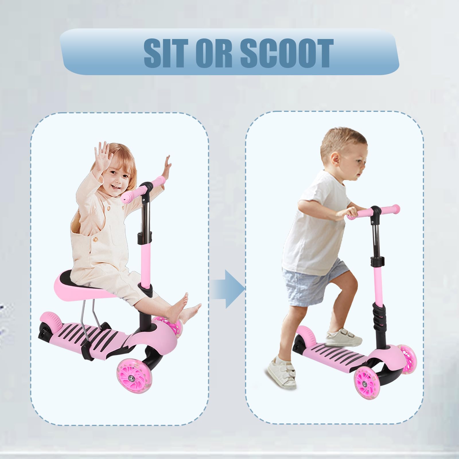 Patinete infantil 3 en 1 con asiento – Draisienne y patinete de 3 ruedas, montaje fácil, altura ajustable, LED ruedas, bandeja antideslizante – para niña/niño de 2 a 8 años