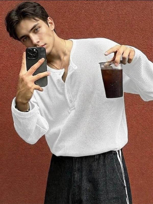 Image of Imsa Moda Men's Textured Fabric Half-Open Collar T-Shirt | Full Sleeve Casual T-Shirt for Men