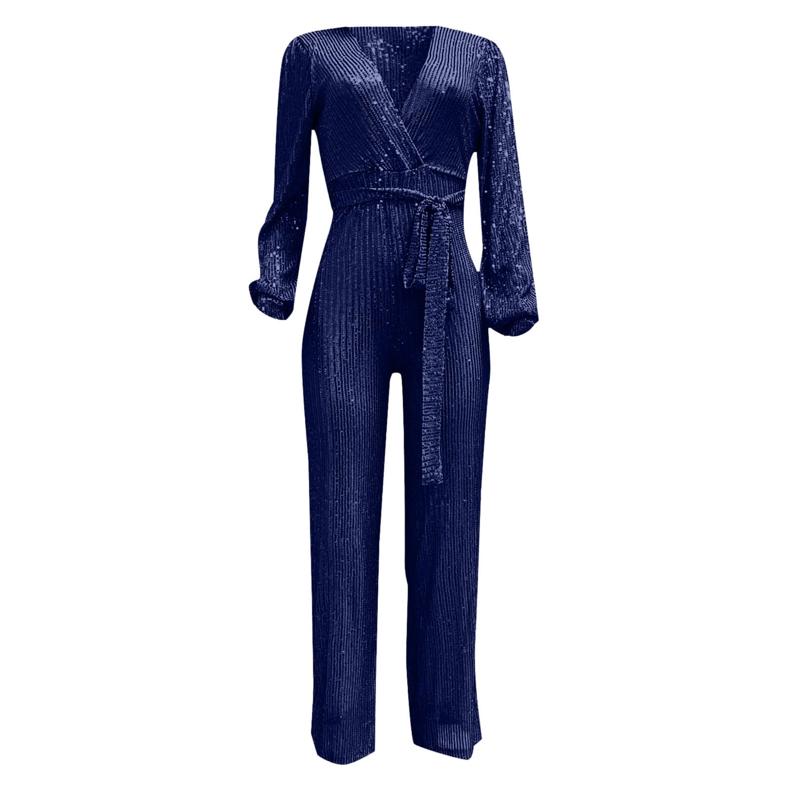 Body da donna con paillette, elegante, con cintura, tuta, tuta, con glitter, pantaloni larghi a maniche lunghe, scollo a V, body lungo