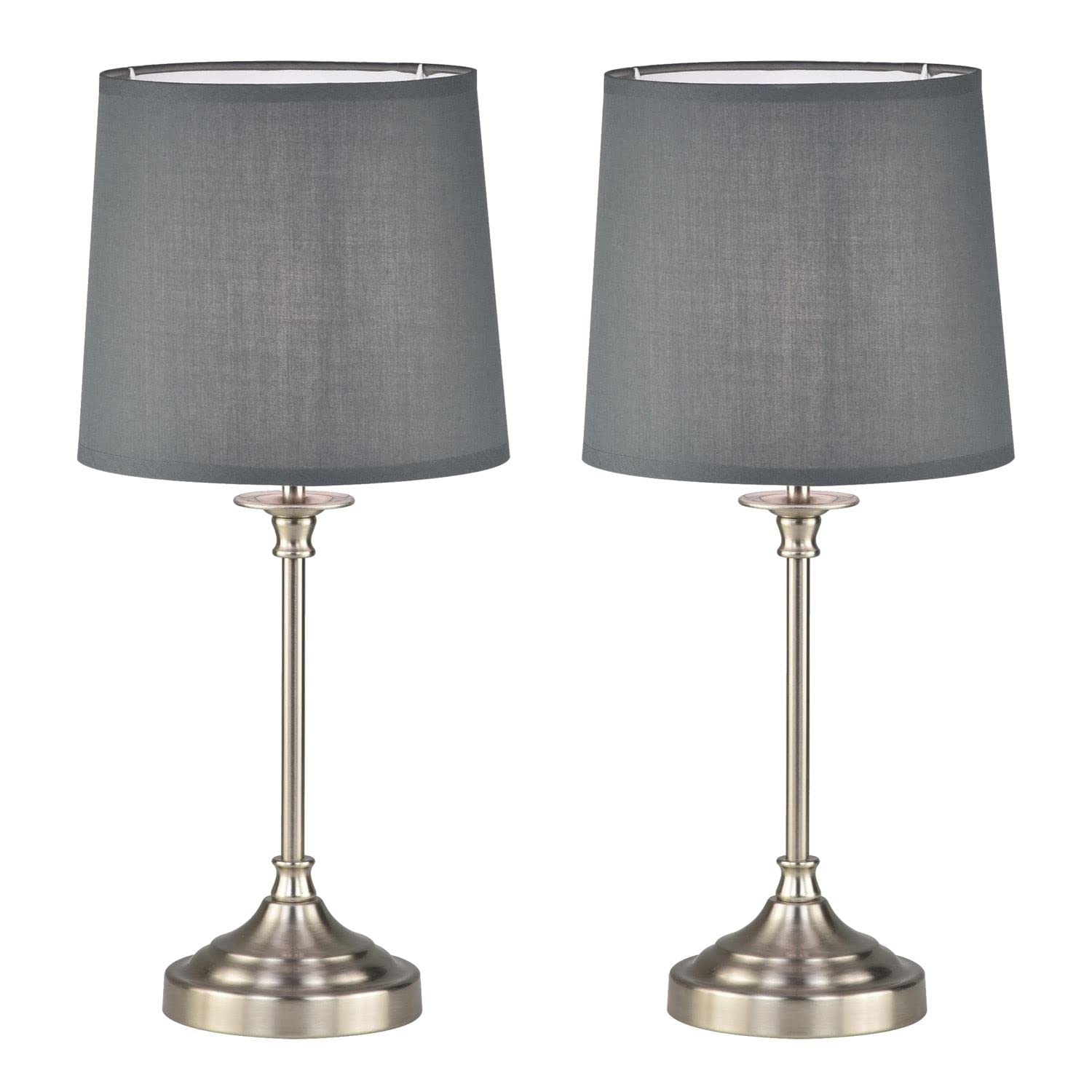 firstchoicelighting Set of 2 Brushed Nickel Table Lamps or Bedside Lights, Classic Design,Grey Fabric Shade, 47cm Height, LED Compatible