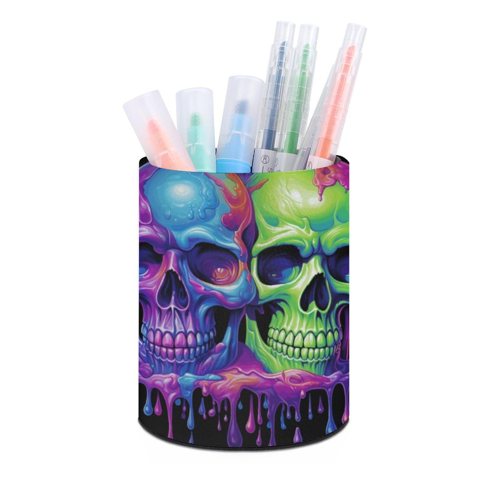 JTREHY Round Pen Holder,Two Colorful Skulls Printed Makeup Brush Storage Box for Home Office Dressing Table