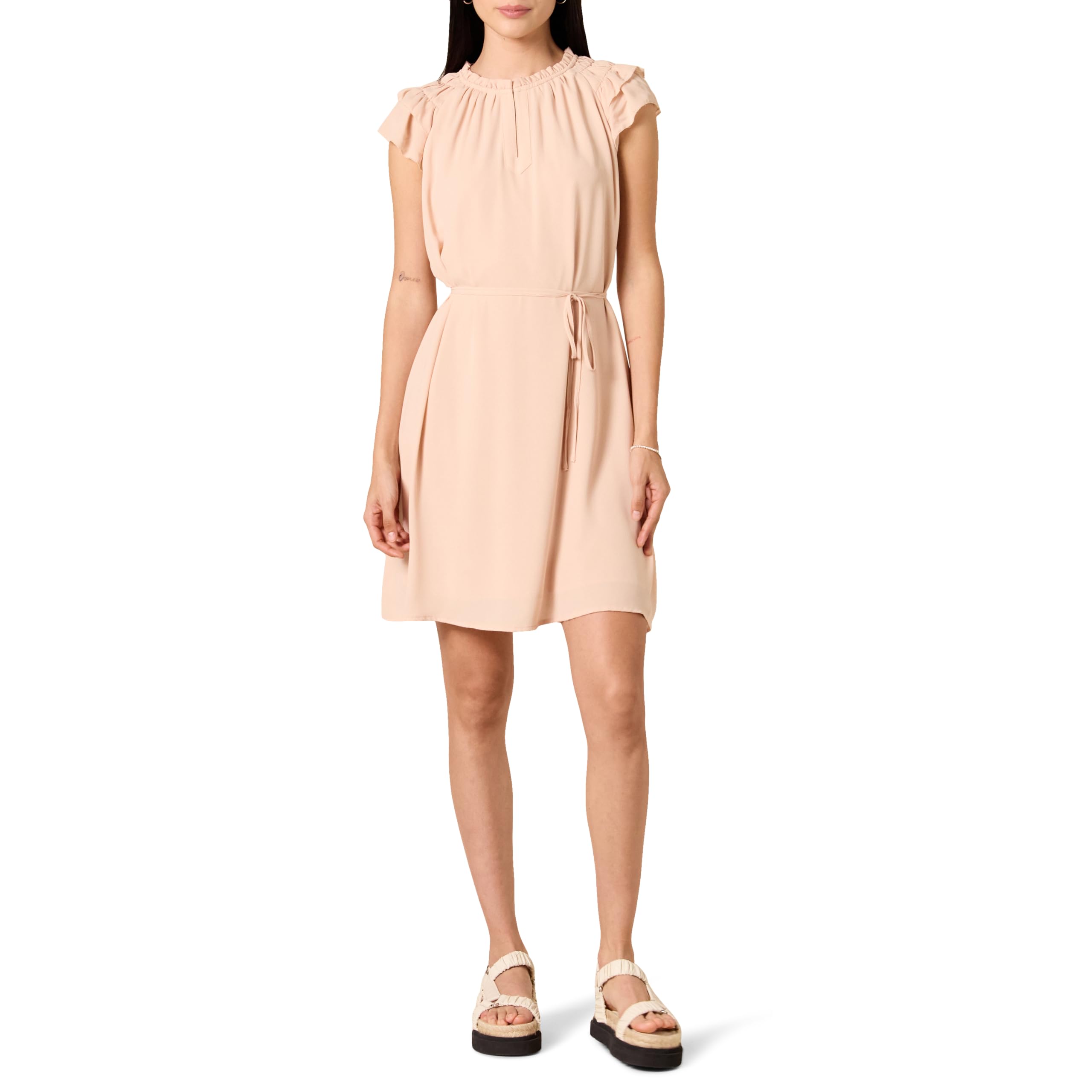 Amazon Essentials Women's Lightweight Georgette Sheath Dress with Loose Fit with Split Neck and Flutter Sleeves