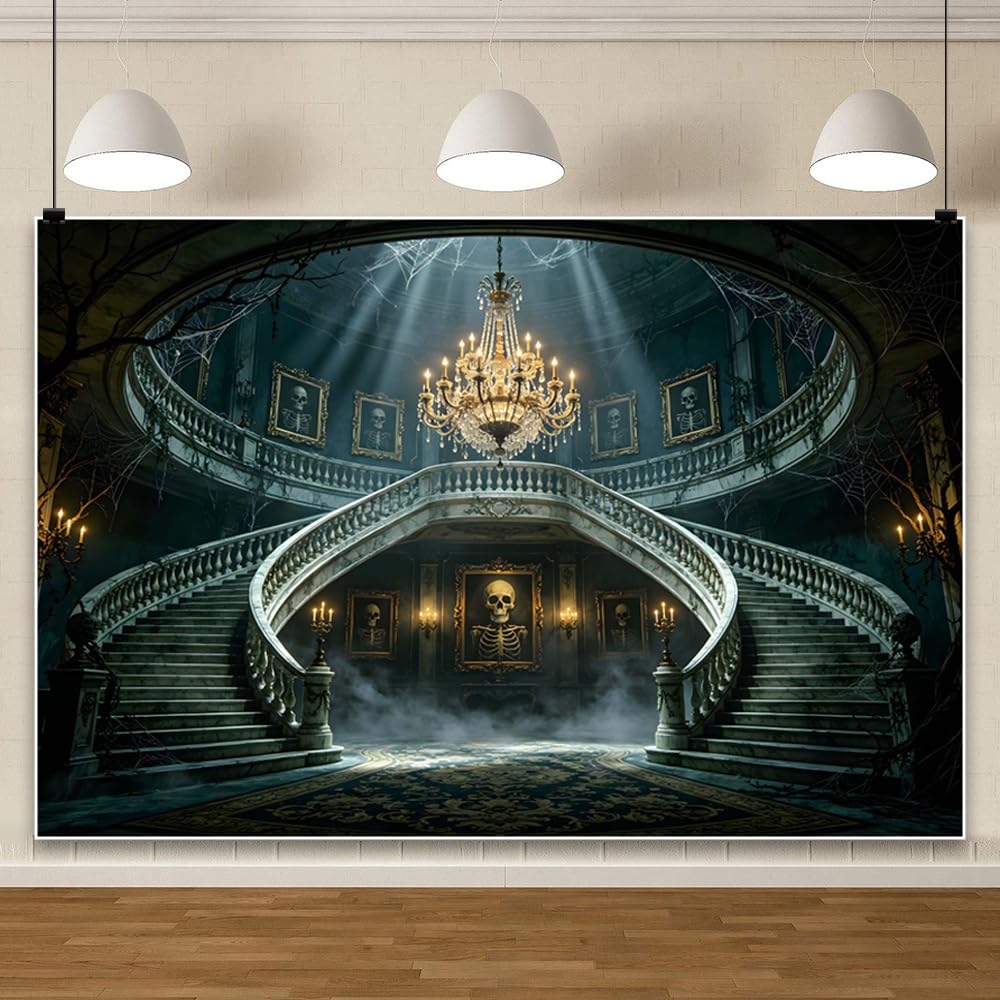 Toile de fond pour photographie d'escalier de manoir hanté gothique | Lustre vintage squelette tête de mort château médiéval Halloween maison hantée fond vinyle décor fête vampire accessoires