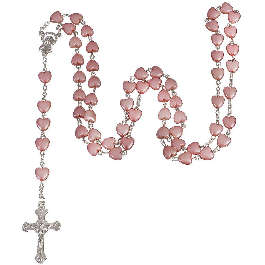 Danlai Pink Catholic Heart-Shaped Rosary Prayer Necklace, Plastic Rosary Beads Prayer Cross Crucifix Charm Necklace