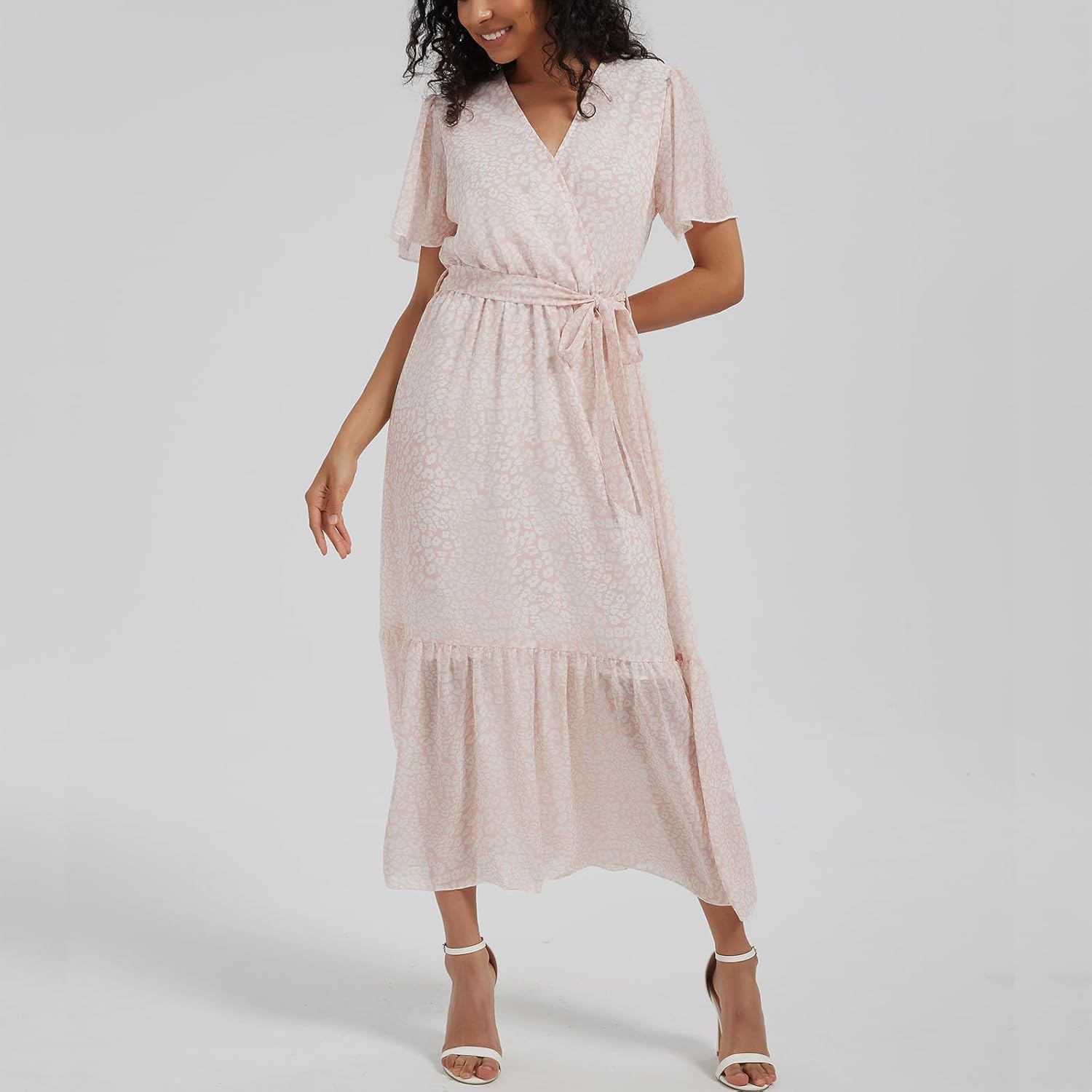 Women's Summer Bohemian Floral Chiffon Dress Cap Sleeve V Neck Ruffle Long Flowy Boho Casual Vacation Dresses - Image 2