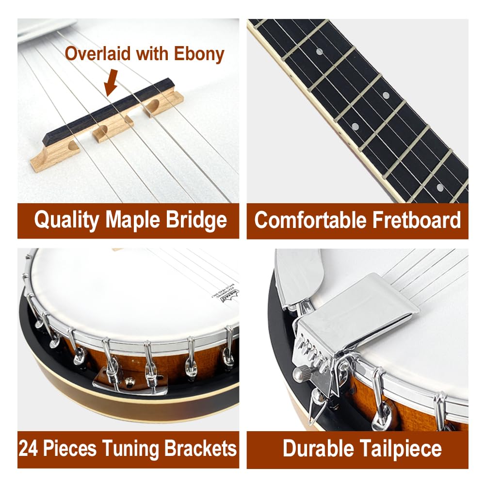 Banjo 5 corde 96,5 cm Sapele Principianti Kit Strumenti Musicali Mogano Risonatore Banjo Chiuso Indietro con Borsa Premium Cinghia e pickup per Adulti Antipasti