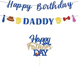 Glitter Happy Birthday Banner for Fathers Party Decoration Pre-Strung Celebration Blue Flag Cake Banner Happy Daddy Bold Letter Sign We Love Dad Themed Garland Birthday Decor for Cake Table No DIY