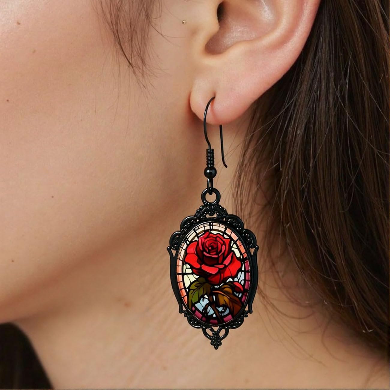 Gothic Rose Earrings for Women Crystal Glass Red Rose Flower Dangle Earrings Gothic Drop Earring Vintage Cameo Victorian Punk Style Halloween Accessories for Women - Image 2
